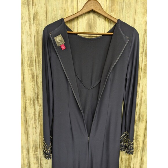 Vince Camuto Long Sleeve Gown Maxi Dress Elegant Navy Embellished Ruched Waist 4 - Picture 9 of 14